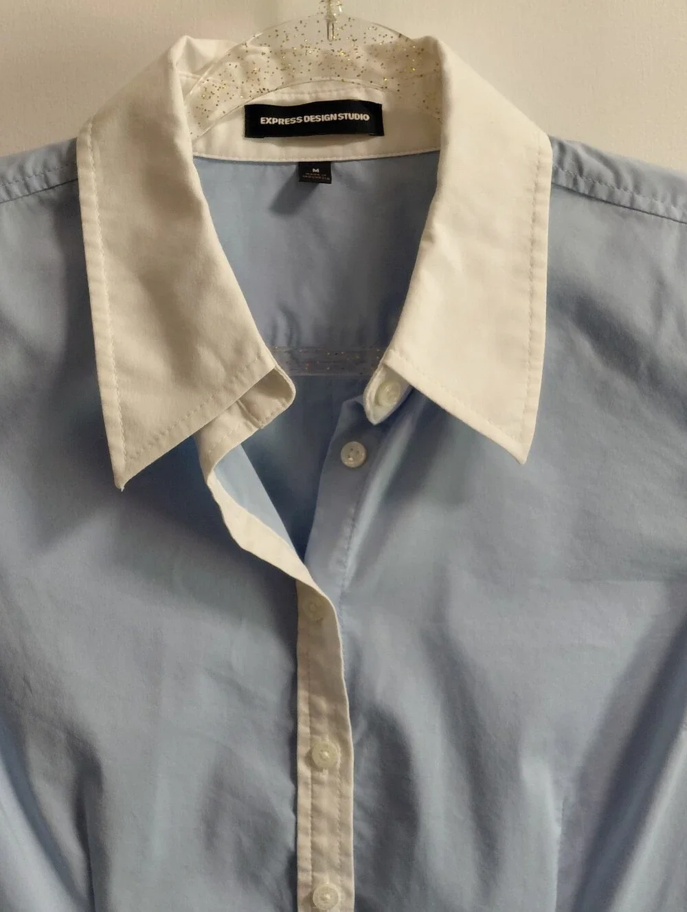 Women's Express Design Studio White Blue Button Down Fitted Dress Shirt - Picture 8 of 9